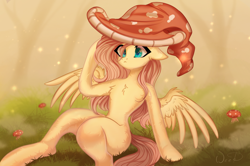 Size: 3084x2048 | Tagged: safe, artist:maybeweed, fluttershy, pegasus, pony, g4, :<, chest fluff, female, forest, hat, high res, mare, mushroom, sitting, solo