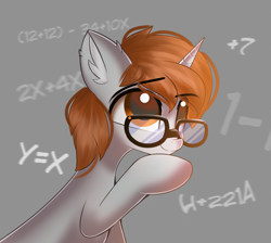 Size: 1952x1748 | Tagged: source needed, safe, artist:janelearts, oc, oc only, oc:darkmind, pony, unicorn, blind, glasses, horn, male, math, simple background, solo, stallion, thinking