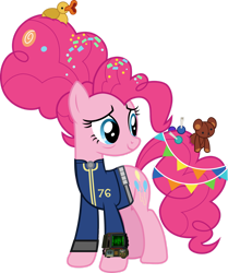 Size: 1280x1528 | Tagged: safe, artist:cloudy glow, artist:php170, pinkie pie, earth pony, pony, fallout equestria, g4, the last problem, candy, clothes, fallout, fallout 76, female, food, jumpsuit, lollipop, mare, older, older pinkie pie, pip-boy 2000 mark vi, pipboy, plushie, rubber duck, simple background, smiling, solo, teddy bear, transparent background, vault suit, vector