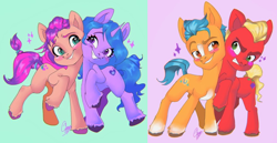 Size: 856x442 | Tagged: source needed, safe, artist:gum-gibbs, hitch trailblazer, izzy moonbow, sprout cloverleaf, sunny starscout, earth pony, pony, unicorn, g5, my little pony: a new generation, blaze (coat marking), blushing, coat markings, colored hooves, dreamworks face, facial markings, female, gay, lesbian, male, mare, ship:clovertrail, ship:moonscout, shipping, simple background, small resolution, stallion, unshorn fetlocks