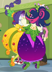 Size: 484x671 | Tagged: safe, screencap, rarity, sci-twi, twilight sparkle, equestria girls, equestria girls specials, g4, my little pony equestria girls: better together, my little pony equestria girls: holidays unwrapped, o come all ye squashful, converse, cornucopia costumes, cropped, inflatable dress, shoes