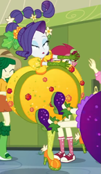 Size: 377x644 | Tagged: safe, screencap, rarity, roseluck, sci-twi, twilight sparkle, equestria girls, equestria girls series, g4, holidays unwrapped, o come all ye squashful, spoiler:eqg series (season 2), canterlot high, cornucopia costumes, cropped, inflatable dress, lockers