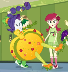 Size: 537x565 | Tagged: safe, screencap, rarity, roseluck, sweet leaf, equestria girls, equestria girls series, g4, holidays unwrapped, o come all ye squashful, spoiler:eqg series (season 2), canterlot high, converse, cornucopia costumes, cropped, female, inflatable dress, lockers, shoes