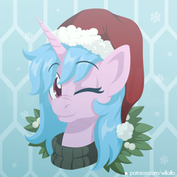 Size: 2000x2000 | Tagged: safe, artist:willoillo, oc, oc:sapphire, pony, unicorn, christmas, commission, hat, high res, holiday, santa hat, winter