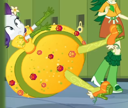 Size: 425x359 | Tagged: safe, screencap, rarity, sweet leaf, equestria girls, equestria girls specials, g4, my little pony equestria girls: better together, my little pony equestria girls: holidays unwrapped, o come all ye squashful, canterlot high, cornucopia costumes, cropped, female, inflatable dress, lockers