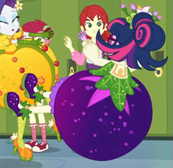Size: 575x557 | Tagged: safe, screencap, nolan north, rarity, roseluck, sci-twi, twilight sparkle, equestria girls, equestria girls series, g4, holidays unwrapped, o come all ye squashful, spoiler:eqg series (season 2), converse, cornucopia costumes, cropped, inflatable dress, shoes