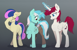 Size: 3903x2552 | Tagged: safe, artist:xbi, bon bon, lyra heartstrings, sweetie drops, oc, oc:fausticorn, alicorn, earth pony, pony, unicorn, alicorn oc, autograph, blushing, body writing, bon bon is not amused, clothes, ears back, eye clipping through hair, eyebrows, eyebrows visible through hair, facehoof, feather, female, frown, glowing, glowing horn, gradient background, high res, horn, lesbian, lyra doing lyra things, lyrabon, magic, magic aura, mare, open mouth, open smile, pants, plothole plush lyra, plushie, pocket, raised hoof, shipping, signing, smiling, teeth, telekinesis, trio, trio female, unamused, wings, writing