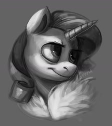 Size: 1280x1437 | Tagged: safe, artist:crees-a, rarity, pony, unicorn, g4, bust, female, fur, gray background, grayscale, mare, monochrome, simple background, solo