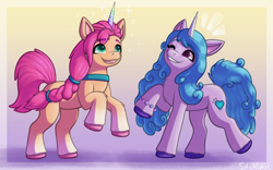 Size: 2000x1250 | Tagged: safe, artist:splishsplat, izzy moonbow, sunny starscout, earth pony, pony, unicorn, g5, my little pony: a new generation, spoiler:my little pony: a new generation, duo, duo female, eye clipping through hair, eyebrows, eyebrows visible through hair, fake horn, female, fit right in (g5), grin, mare, one eye closed, open mouth, open smile, rearing, smiling, standing on two hooves, wink