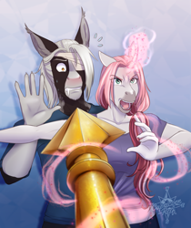 Size: 2256x2688 | Tagged: safe, artist:askbubblelee, oc, oc:rosie quartz, oc:victor bates, bat pony, unicorn, anthro, unguligrade anthro, angry, anthro oc, bandage, bat pony oc, clothes, digital art, duo, female, glowing, glowing horn, high res, horn, magic, male, mare, offscreen character, protecting, shirt, stallion, story in the source, surprised, unicorn oc, vicsie