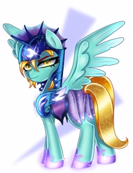 Size: 3144x4096 | Tagged: safe, artist:opal_radiance, lightning dust, pegasus, pony, g4, armor, commission, female, helmet, high res, hoof shoes, looking at you, mare, night guard, night guard armor, simple background, smiling, smiling at you, smirk, solo, spread wings, white background, wings