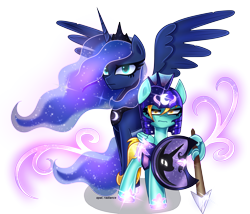 Size: 8614x7385 | Tagged: safe, artist:opal_radiance, lightning dust, princess luna, alicorn, pegasus, pony, g4, absurd resolution, armor, commission, duo, duo female, ethereal mane, female, frown, galaxy mane, magic, mare, night guard, night guard armor, shield, signature, simple background, spear, spread wings, transparent background, weapon, wing hold, wings