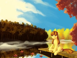 Size: 1600x1200 | Tagged: safe, artist:escapist, apple bloom, pony, g4, autumn, cloud, forest, lake, leaves, mist, pier, reflection, scenery, solo, tree, water