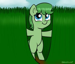Size: 1166x988 | Tagged: safe, artist:heretichesh, oc, oc only, earth pony, pony, bipedal, female, filly, grass, smiling, solo