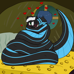 Size: 894x894 | Tagged: safe, artist:uniamoon, oc, oc:jaja steele, oc:zenawa skunkpony, hybrid, skunk, skunk pony, snake, bed, blushing, coils, eyes closed, floating heart, heart, licking, licking cheeks, night, non-mlp oc, non-pony oc, one eye closed, raised tail, smiling, snuggling, tail, tongue out, wingdings, zecora's hut