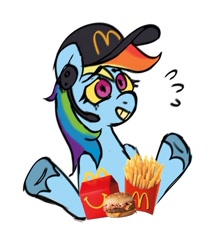 Size: 641x747 | Tagged: safe, artist:dandy_pony, rainbow dash, pegasus, pony, g4, burger, cap, emanata, food, french fries, grin, happy meal, hat, headset, mcdonald's, nervous, nervous smile, shrug, simple background, smiling, solo, white background