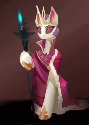 Size: 2480x3508 | Tagged: safe, artist:hornmlp, princess celestia, alicorn, pony, g4, alternate universe, cape, clothes, crown, evil, female, high res, jewelry, mare, red eyes, regalia, signature, solo, staff