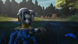 Size: 1920x1080 | Tagged: safe, artist:deltathedragon, zecora, pony, zebra, g4, 3d, alternate hairstyle, cattails, day, ear piercing, earring, female, forest, jewelry, lake, looking at you, mushroom, neck rings, piercing, reeds, solo, source filmmaker, swimming, tree, tree stump, water, wet, wet mane