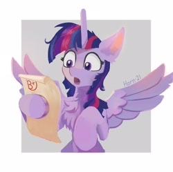 Size: 2072x2062 | Tagged: safe, artist:hornmlp, twilight sparkle, alicorn, pony, g4, b+, bipedal, chest fluff, ear fluff, female, grades, high res, hoof hold, mare, messy mane, open mouth, paper, shocked, signature, simple background, solo, spread wings, surprised, this will end in tears, twilight sparkle (alicorn), wide eyes, wings