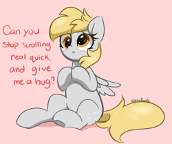 Size: 2708x2268 | Tagged: safe, artist:kittyrosie, derpy hooves, pegasus, pony, g4, :<, blushing, bronybait, cute, derpabetes, female, frown, high res, hooves together, hug request, mare, pink background, sad, sadorable, simple background, sitting, solo, talking, talking to viewer, teary eyes, underhoof, weapons-grade cute