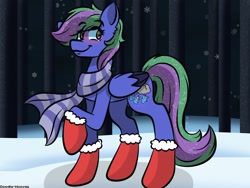 Size: 1920x1440 | Tagged: safe, artist:doodle-hooves, oc, oc only, oc:lishka, pegasus, pony, clothes, commission, commissioner:biohazard, cute, eyebrows, eyebrows visible through hair, eyelashes, female, mare, mittens, pegasus oc, scarf, smiling, snow, solo, tail, two toned mane, two toned tail, ych result
