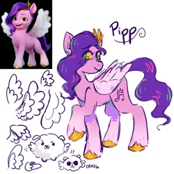 Size: 1500x1500 | Tagged: safe, artist:dandy_pony, cloudpuff, pipp petals, dog, flying pomeranian, pegasus, pomeranian, pony, g5, my little pony: a new generation, colored sketch, eye clipping through hair, raised hoof, screencap reference, simple background, sketch, white background, winged dog, wings, yellow sclera