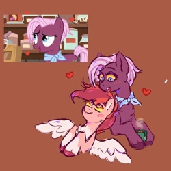 Size: 1500x1500 | Tagged: safe, artist:dandy_pony, screencap, jasmine leaf, oc, earth pony, pegasus, pony, g4, blushing, brown background, canon x oc, chest fluff, duo, food, heart, mug, neckerchief, screencap reference, simple background, tea, yellow sclera