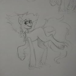 Size: 2048x2047 | Tagged: safe, artist:dandy_pony, earth pony, pony, bow, grayscale, high res, huggy wuggy, monochrome, pencil drawing, ponified, poppy playtime, rule 85, sharp teeth, sketch, solo, teeth, traditional art, unshorn fetlocks