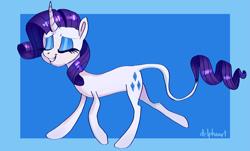 Size: 2877x1743 | Tagged: safe, artist:delphoart, rarity, pony, unicorn, g4, blue background, eyes closed, female, grin, leonine tail, mare, signature, simple background, smiling, solo, tail, trotting