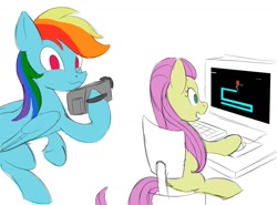 Size: 1500x1110 | Tagged: safe, artist:iron curtain, fluttershy, rainbow dash, pegasus, pony, g4, camcorder, chair, computer, computer mouse, computer screen, moments before disaster, rainbow douche, scary maze game, simple background, this will end in tears, this will not end well, white background