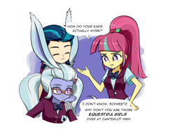 Size: 1111x854 | Tagged: safe, artist:twilite-sparkleplz, indigo zap, sour sweet, sugarcoat, equestria girls, g4, :3, animal ears, bunny ears, clothes, crystal prep academy uniform, cute, dialogue, eyes closed, female, final fantasy, final fantasy xiv, head on head, school uniform, trio, trio female, viera, zapabetes