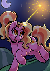Size: 1748x2480 | Tagged: safe, artist:shyshyoctavia, luster dawn, pony, unicorn, g4, the last problem, blast, cute, female, high res, looking up, lusterbetes, magic, magic blast, mare, moon, night, open mouth, raised hoof