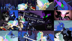 Size: 1280x720 | Tagged: safe, artist:sillyfillystudios, editor:quoterific, king sombra, nightmare moon, princess celestia, princess luna, alicorn, pony, unicorn, fall of the crystal empire, g4, crown, eyes closed, female, jewelry, male, mare, open mouth, open smile, regalia, smiling, stallion