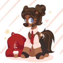 Size: 1500x1500 | Tagged: safe, artist:tsarstvo, oc, oc only, earth pony, pony, abstract background, clothes, coffee, looking at you, male, necktie, school uniform, solo, stallion