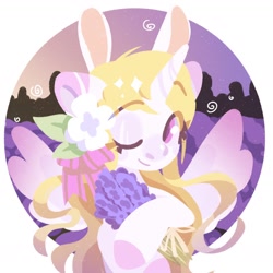 Size: 1414x1414 | Tagged: safe, artist:tsarstvo, oc, oc only, alicorn, pony, alicorn oc, bouquet, bunny ears, bust, flower, horn, looking at you, one eye closed, portrait, solo, wings, wink