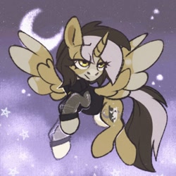 Size: 1500x1500 | Tagged: safe, artist:tsarstvo, oc, oc only, alicorn, pony, alicorn oc, clothes, crescent moon, flying, horn, male, moon, night, solo, stallion, wings