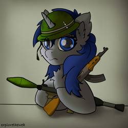 Size: 2048x2048 | Tagged: safe, artist:exploretheweb, oc, oc only, oc:liam tulpa, alicorn, pony, ak-47, assault rifle, gun, helmet, high res, rifle, rocket launcher, soldier, soldier pony, solo, weapon