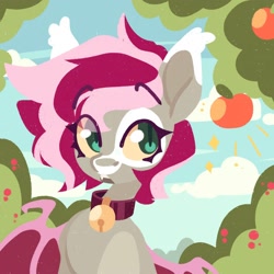 Size: 1500x1500 | Tagged: safe, artist:tsarstvo, oc, oc only, bat pony, pony, apple, apple tree, bat pony oc, bell, bell collar, bust, collar, cute, cute little fangs, eyes on the prize, fangs, female, food, mare, slit pupils, solo, tree