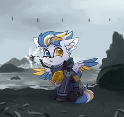 Size: 1350x1275 | Tagged: safe, artist:dorkmark, oc, oc only, oc:alan techard, pegasus, pony, beach, cheek fluff, chibi, colored wings, crossover, death stranding, ear fluff, glasses, heterochromia, male, multicolored wings, solo, wings