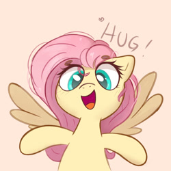 Size: 905x905 | Tagged: safe, artist:kqaii, fluttershy, pegasus, pony, g4, beanbrows, blushing, bust, cute, daaaaaaaaaaaw, dialogue, eyebrows, eyebrows visible through hair, female, front view, full face view, happy, hooves out, hug, hug request, hug time, looking at you, mare, open arms, open mouth, open smile, pixiv, shyabetes, simple background, smiling, smiling at you, solo, spread wings, wings