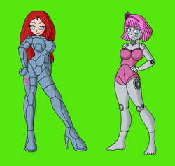 Size: 2468x2340 | Tagged: safe, artist:sin-r, oc, oc only, oc:jana, oc:joana, human, robot, armor, duo, duo female, female, high res, human to pony, power armor, transformation, transformation sequence