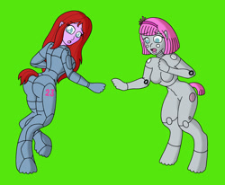 Size: 2616x2156 | Tagged: safe, artist:sin-r, oc, oc only, oc:jana, oc:joana, human, pony, robot, armor, duo, duo female, female, high res, human to pony, open mouth, power armor, transformation, transformation sequence