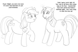 Size: 900x602 | Tagged: safe, artist:arania, part of a set, applejack, twilight sparkle, earth pony, pony, unicorn, comic:equestria (arania), g4, comic, duo, duo female, female, grayscale, human to pony, implied rarity, implied sweetie belle, mare, mental shift, misspelling, monochrome, open mouth, open smile, pencil drawing, post-transformation, raised hoof, smiling, traditional art, transformation, transformation sequence, unicorn twilight