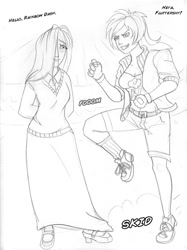 Size: 700x938 | Tagged: safe, artist:arania, part of a set, fluttershy, rainbow dash, human, comic:equestria (arania), g4, clothes, comic, dialogue, duo, duo female, female, fingerless gloves, gloves, grayscale, grin, hair over one eye, human female, human to pony, humanized, imminent transformation, long skirt, monochrome, pencil drawing, skirt, smiling, sweater, traditional art, transformation, transformation sequence