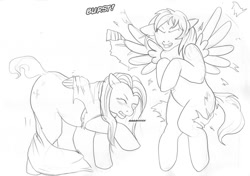 Size: 900x632 | Tagged: safe, artist:arania, part of a set, fluttershy, rainbow dash, pegasus, pony, comic:equestria (arania), g4, clothes, clothes falling off, comic, duo, duo female, eyes closed, female, folded wings, grayscale, gritted teeth, human to pony, mid-transformation, monochrome, pencil drawing, ripping clothes, spread wings, traditional art, transformation, transformation sequence, wings
