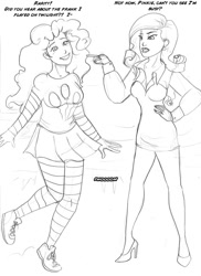 Size: 700x962 | Tagged: safe, artist:arania, part of a set, pinkie pie, rarity, human, comic:equestria (arania), g4, clothes, comic, cutie mark on clothes, dialogue, duo, duo female, female, grayscale, grin, human female, human to pony, humanized, imminent transformation, layered shirt, monochrome, pencil drawing, prank, shirt, smiling, striped shirt, traditional art, transformation, transformation sequence