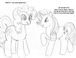 Size: 900x692 | Tagged: safe, artist:arania, part of a set, pinkie pie, rarity, earth pony, pony, unicorn, comic:equestria (arania), g4, c:, comic, duo, duo female, female, grayscale, human to pony, mare, mental shift, monochrome, pencil drawing, post-transformation, raised hoof, smiling, traditional art, transformation, transformation sequence