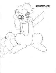 Size: 700x910 | Tagged: safe, artist:arania, part of a set, pinkie pie, earth pony, pony, comic:equestria (arania), g4, and that's how equestria was made, comic, dialogue, female, grayscale, grin, human to pony, mare, monochrome, pencil drawing, post-transformation, sitting, smiling, solo, traditional art, transformation, transformation sequence