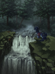 Size: 1280x1707 | Tagged: safe, artist:hilloty, oc, oc only, earth pony, pony, bag, commission, fog, forest, letter, saddle bag, solo, waterfall
