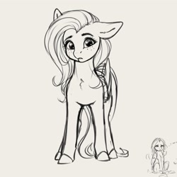 Size: 4000x4000 | Tagged: safe, artist:miokomata, fluttershy, pegasus, pony, g4, absurd resolution, cute, female, freckles, freckleshy, frown, gray background, grayscale, looking at you, mare, monochrome, shyabetes, simple background, sitting, solo, teeth
